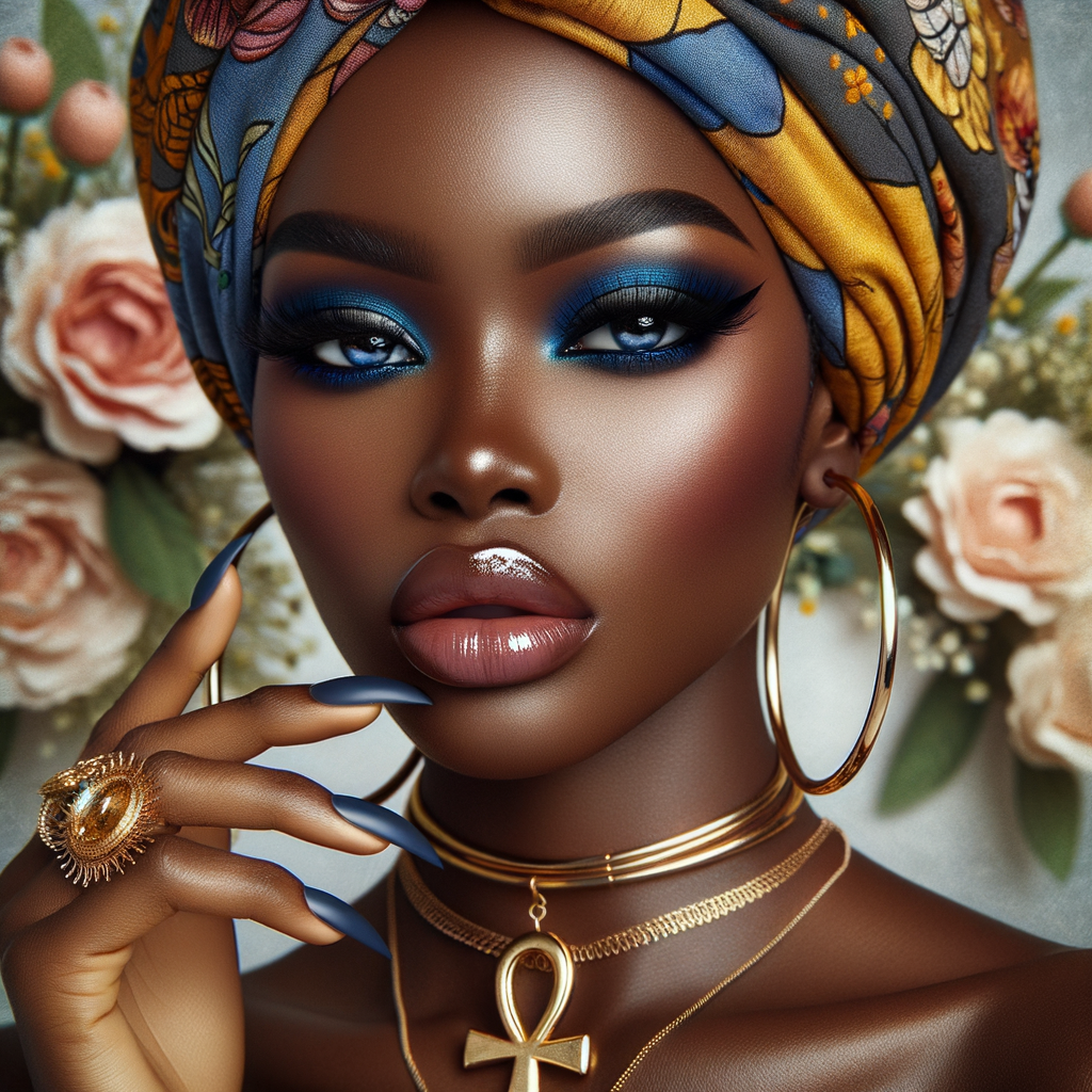 Create an image of an african-American, graceful woman , striking blue eyeshadow, and full lips. She wears large, golden hoop earrings and multiple necklaces, one with a prominent ankh pendant. Her hair is hidden beneath a vibrant, patterned head wrap in shades of blue, yellow, and orange. Her nails are painted dark blue, complementing her eyeshadow, and her fingers are adorned with a large, ornate gold ring. She poses elegantly against a background filled with soft pastel flowers, highlight her beauty