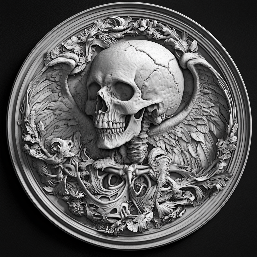 Design a high-contrast grayscale 3d bas relief of death, The composition should be circular like a coin emblem, designed for CNC routing with balanced lighting to accentuate fine details, sharp edges, and distinct textures. Employ deep shadows and strong highlights to define planes and surfaces clearly.