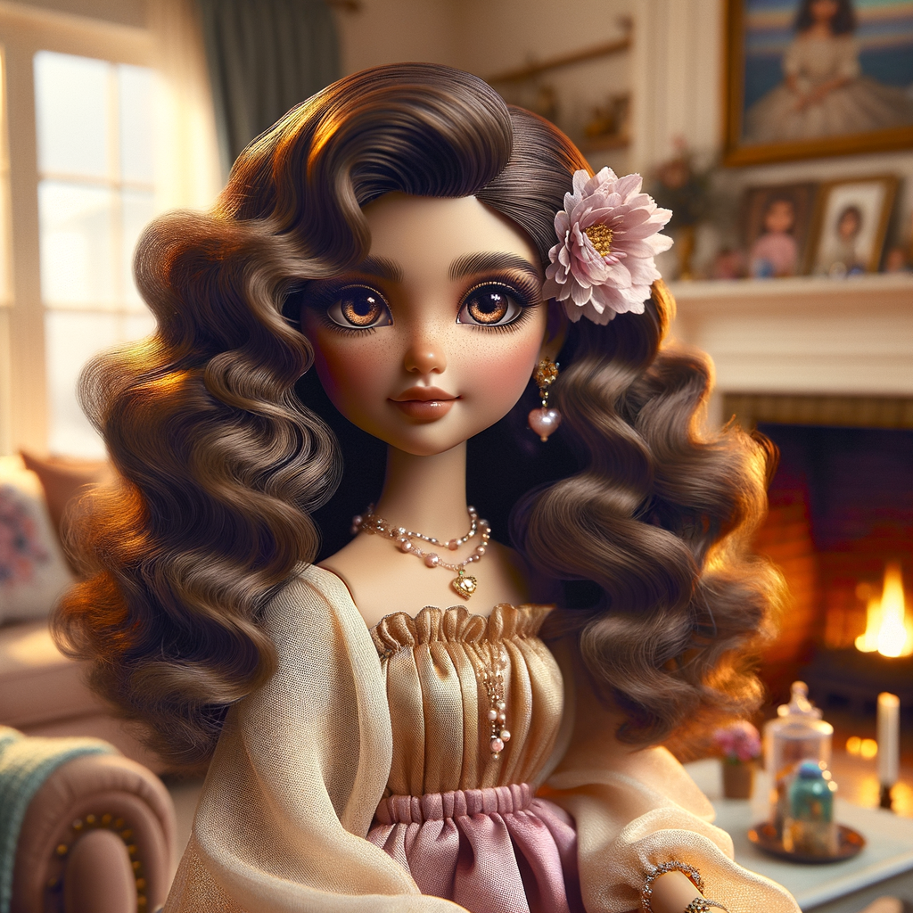 Create an image of a stylized, Latino doll-like girl seated in a cozy living room with a warm fireplace. She has voluminous, wavy hair cascading over her shoulders, tinted with shades of chestnut and mocha. Her large, expressive eyes are a deep brown, fringed with long, fluttery lashes. A delicate pink flower tucks behind one ear, complementing her youthful glow. She wears a gold, pink, and blue body on dress with soft, flowing fabric that drapes elegantly over her small frame. Around her neck is a dainty necklace adorned with beads and a gentle sprinkle of gemstones reflecting subtle light. In her hand, she holds a pearly seashell as a charming accessory. Behind her, the living room is inviting, with plush furnishings, a mantelpiece adorned with family photos and trinkets, and a crackling fireplace that casts a comforting glow and dancing shadows around the room, enhancing the ambiance of a serene home setting