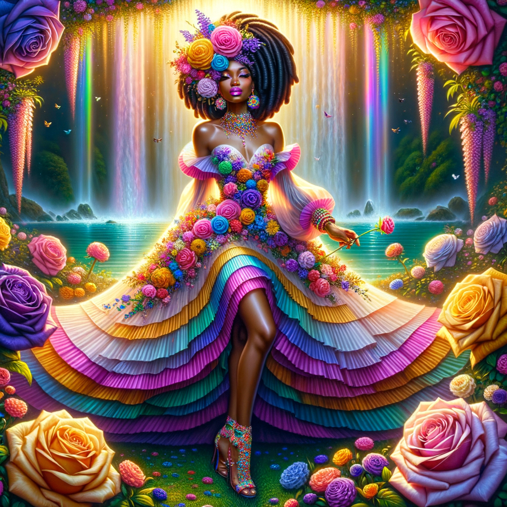 Remix Prompt
S/O Jackie Torres
S/O Panda Locke

create a animated style hyper realistic airbrush whimsical oil painting of a light African American woman wearing a flawless beautiful purple, pink, and gold blossom dress long flowing with colorful flowers and ruffles on the dress colorful jewelry made of flowers she has long black dreadlocks in a bun a colorful rose in her hair her peep toe shoes is matching her dress behind her is a beautiful waterfall liquid glowing lights beautiful colorful rainbow surrounded by beautiful roses.