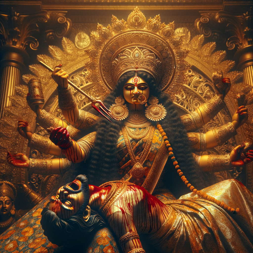 photograph of angry looking goddess durga sitting on a gold crown and carrying a weak mahishasur on her lap and poking him with her amazingly long red fingernails. She is wearing gold armor, a huge gold crown, gold saree, abundant  gold jewelry, covered in blood. The scene is set in ancient India. The image is 8K resolution, cinematic, photography, ultra detailed face and epic.