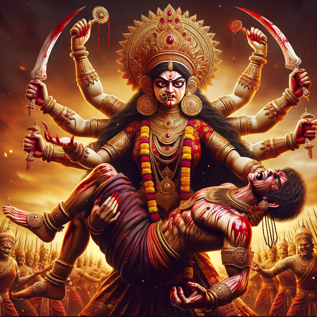 Portrait of angry four-armed goddess durga slaying mahishasur by carrying him in her arms and stabbing him with her red long nails. she should wear Gold jewelry all over the body. Mahishasur should have wounds all over his body. mahishasur should be smaller in size compared to Goddess durga. Background is an intense battlefield. reddish hue everywhere and sunset in the background.  Epic scene. 4k, HDR.