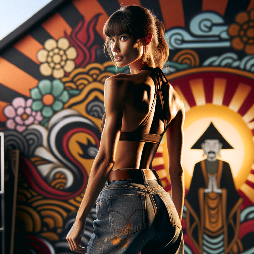 Athletic Thin skinny Attractive, Asian teenage girl, long brown hair and bangs, wearing tight skinny jeans and a halter top paint marks on her clothing, heroic pose Asian graffiti background, backside view