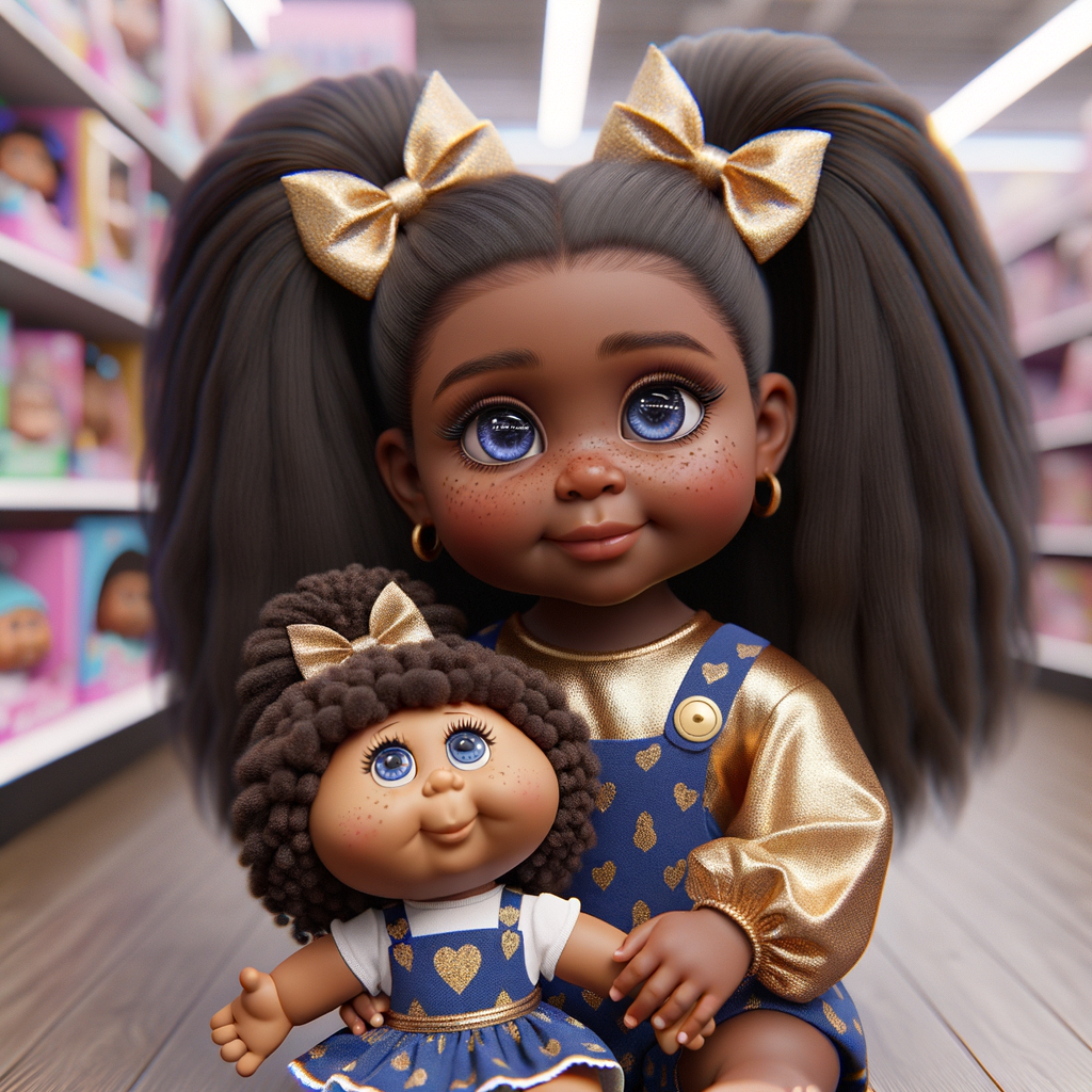 Create a 3-D image of an african-American little girl inside of a medium size, toy store. The little girl has thick long, ponytails and huge blue eyes. She has on a gold and blue jumpsuit with matching bows, She is playing with her favorite african-American cabbage patch doll, the doll has deep, dimples, and freckles and looks just like her