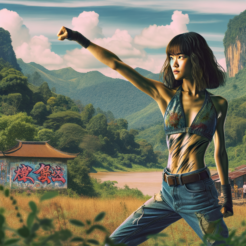 Athletic Thin skinny Attractive, Asian teenage girl, long brown hair and bangs, wearing tight skinny jeans and a halter top paint marks on her clothing, heroic pose Asian graffiti background, side view