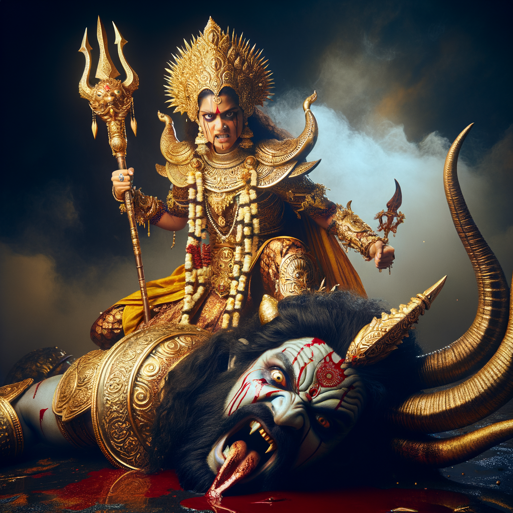 portrait of angry looking, indian goddess cosplayer straddling a defeated mahishasur, while he is lying on the ground and she stabs him with her trident. She is wearing gold armor, a huge gold crown, gold saree, abundant  gold jewelry, covered in blood. The scene is set in ancient India. The image is 8K resolution, cinematic, photography, ultra detailed face and epic.