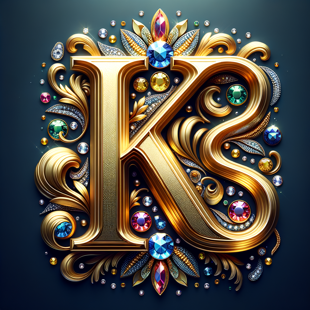 Create a 3-D realistic image with the letters  K.S. in gold raised letters , Add diamonds and colorful jewels