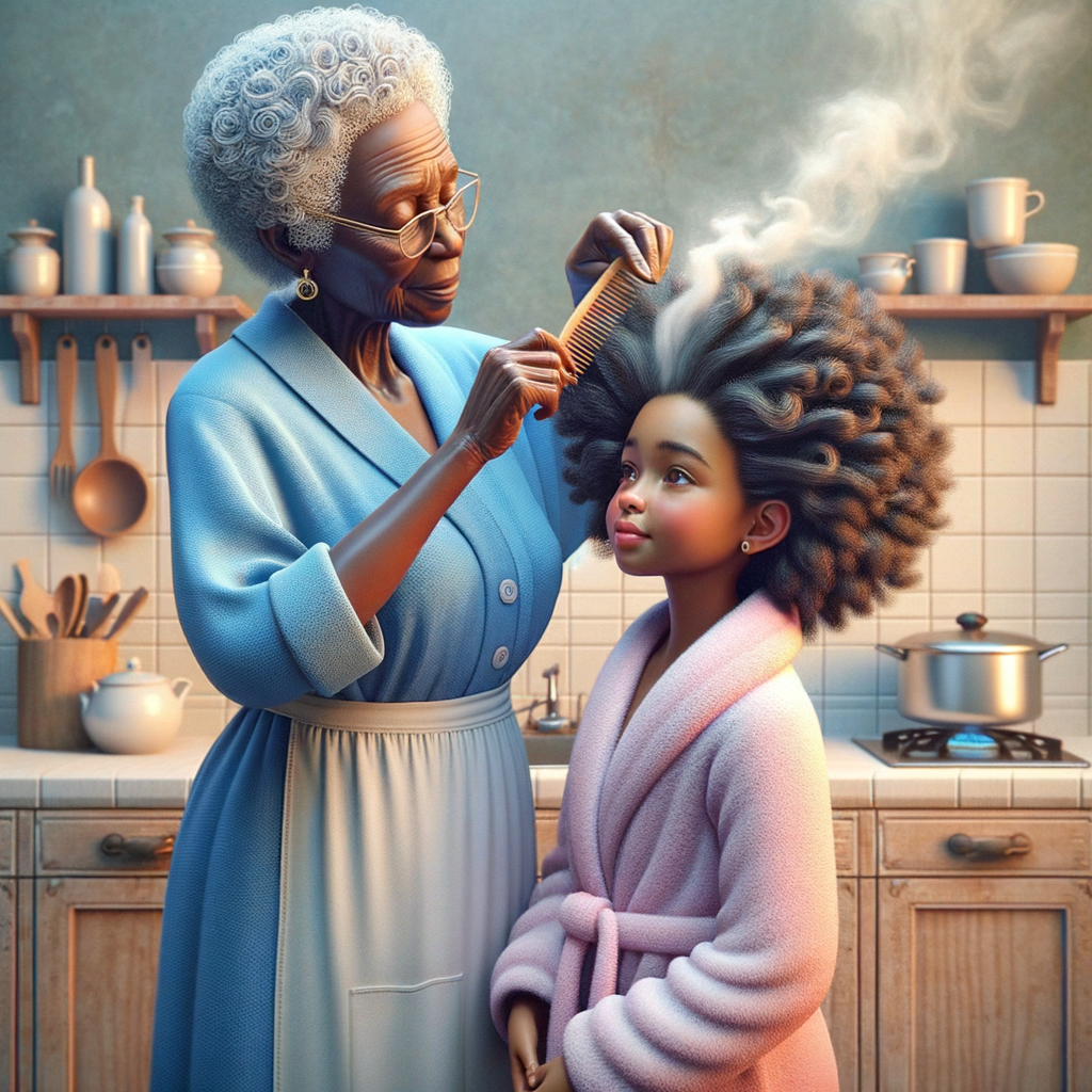 Create a realistic 3-D image of an african-American grandmother wearing a blue house dress and a white apron . She is in the kitchen with her african-American granddaughter. Her granddaughter is wearing a pink bath robe. The grandmother has a hot comb in her hand and she is straightening her granddaughters hair. One side of her granddaughters hair is in  a Afro the other straight 
There is smoke coming from the hot comb
The granddaughter is making a face