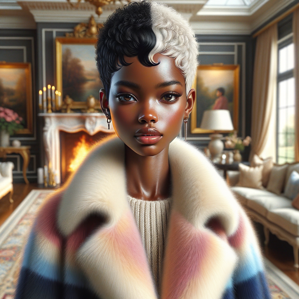 a full body veiw of a colorful gloss hyper realistic oil painting of a regal beautiful light skinned afro  American girlwith beautiful pixie cut one side of hair is black and the other side  of her hair white slick baby hair and furry white and pink and blue furry coat and outfit under the coat standing in living room with fireplace