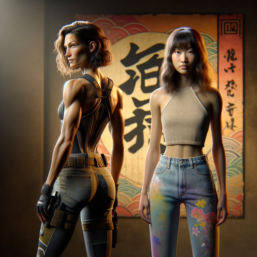 Athletic Thin skinny Attractive, Asian teenage girl, long brown hair and bangs, wearing tight skinny jeans and a halter top paint marks on her clothing, heroic pose Asian graffiti background, backside view