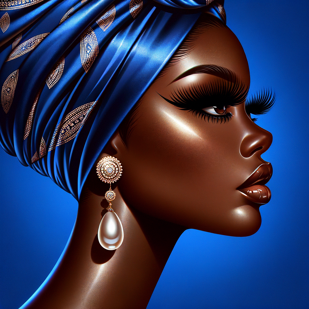 Create an airbrushed digital portrait of an animated
African-American woman in profile against a solid cobalt
blue backdrop. Her radiant skin, strikingly long eyelashes, a
pronounced nose, and voluminous natural glossy lips are
showcased. She wears a headwrap adorned with intricate
diamond patterns. Large, elegant pearl drop earrings
complete her appearance, showcasing the entire headshot
details with a focus on sophistication and grace. The digital
art should highlight her striking features against the vibrant
background, creating a visually stunning piece.