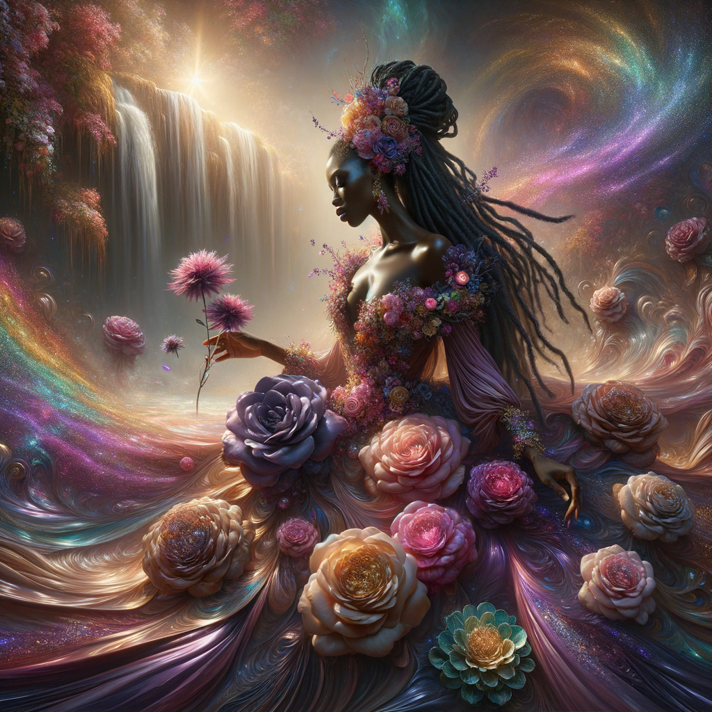 Remix Prompt
S/O Jackie Torres
S/O Panda Locke

create a animated style hyper realistic airbrush whimsical oil painting of a light African American woman wearing a flawless beautiful purple, pink, and gold blossom dress long flowing with colorful flowers and ruffles on the dress colorful jewelry made of flowers she has long black dreadlocks in a bun a colorful rose in her hair her peep toe shoes is matching her dress behind her is a beautiful waterfall liquid glowing lights beautiful colorful rainbow surrounded by beautiful roses.