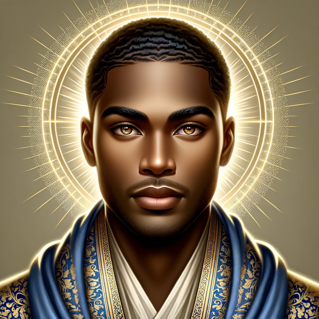 Create handsome African-American, Jesus, with Hazel Brown eyes wearing a blue and gold robe