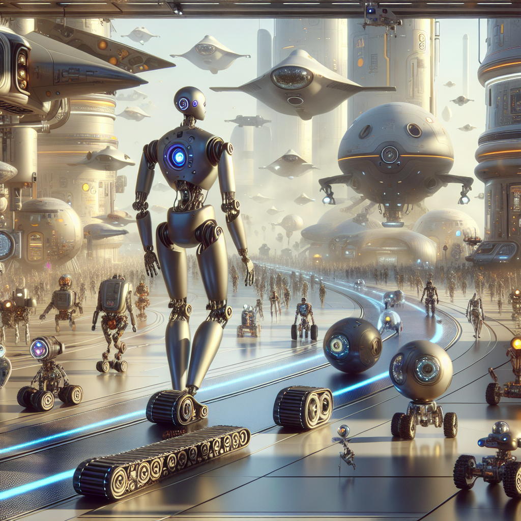 Bustling, futuristic spaceport scene filled with an array of quirky droids going about their business. A tall, spindly droid with a cylindrical body and multiple arms carries crates, while a squat, rotund one with a single glowing eye trundles along on treads. A sleek, humanoid droid with gleaming chrome plating strides purposefully through the crowd, its movements fluid and graceful. In the background, spacecraft of various shapes and sizes take off and land, adding to the hive of activity. The overall aesthetic is one of high-tech sci-fi, with a nod to the beloved Star Wars universe