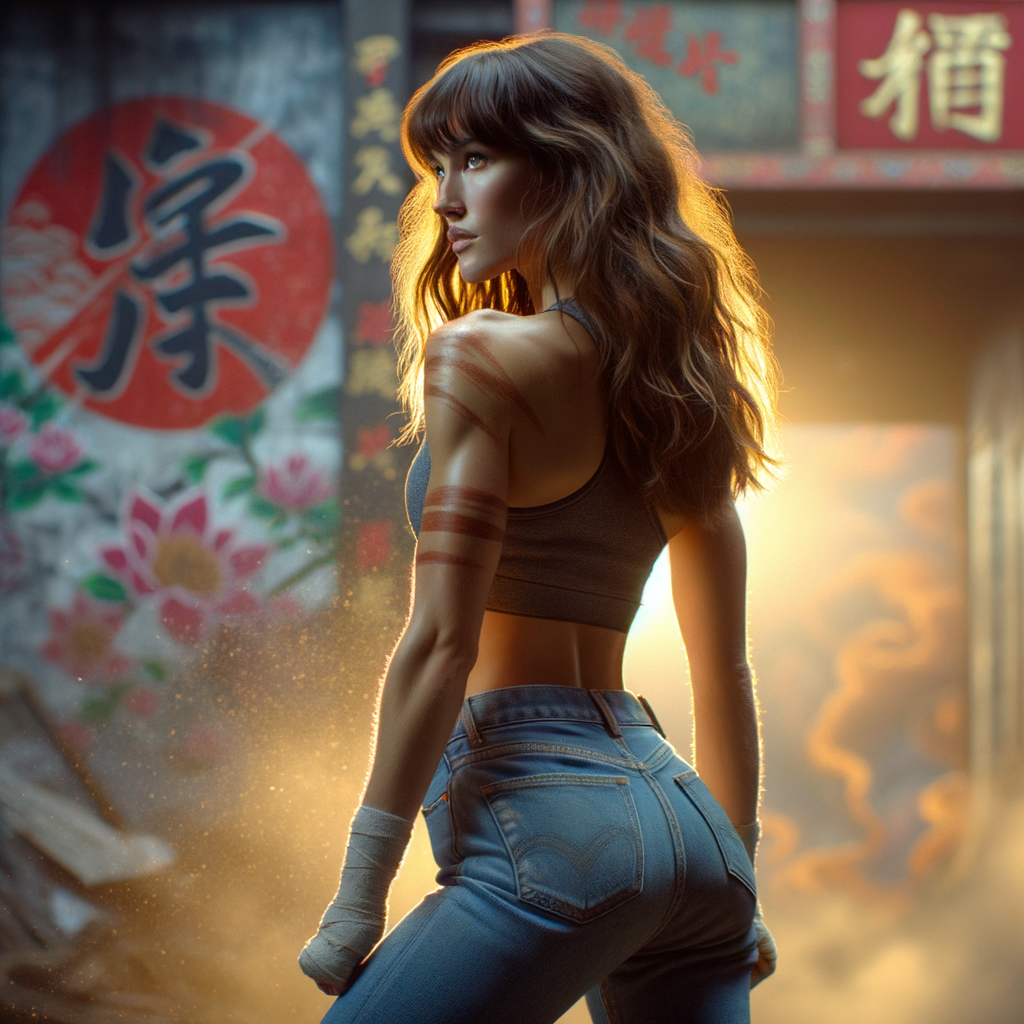 Athletic Thin skinny Attractive, Asian teenage girl, long brown hair and bangs, wearing tight skinny jeans and a halter top paint marks on her clothing, heroic pose Asian graffiti background, backside view