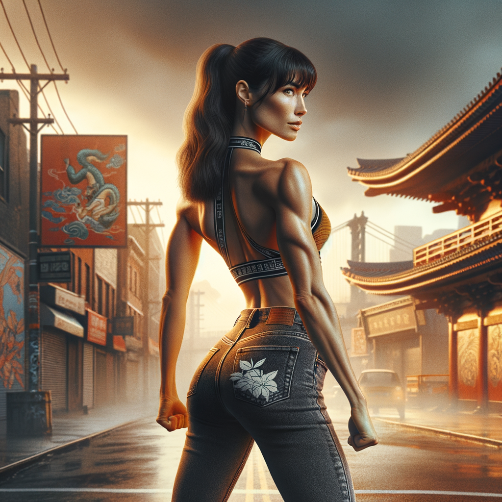 Athletic Thin skinny Attractive, Asian teenage girl, long brown hair and bangs, wearing tight skinny jeans and a halter top paint marks on her clothing, heroic pose Asian graffiti background, backside view