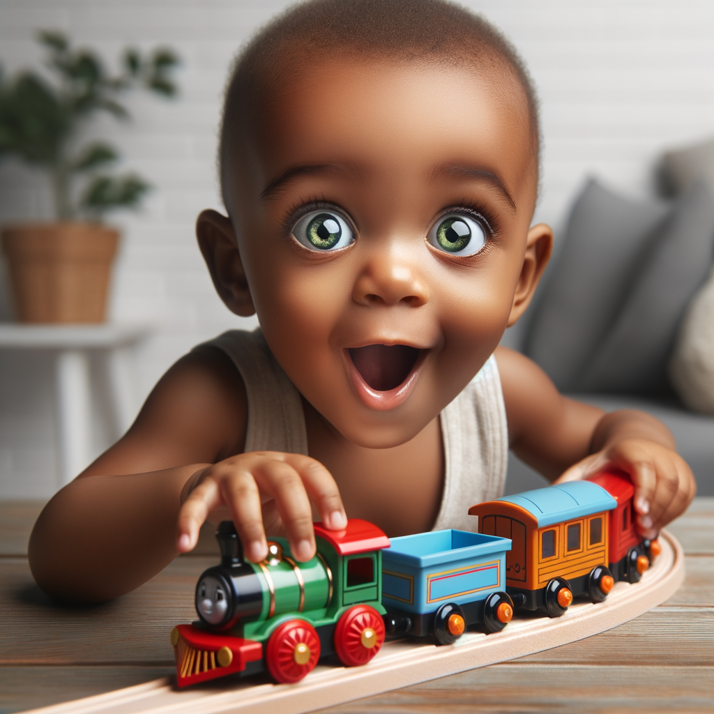 African-American baby boy with huge green eyes, playing with a train