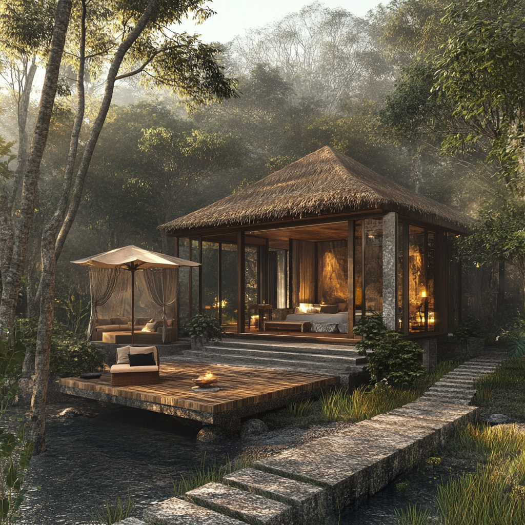 Create a design of an elite fight camp in Bali Indonesia. Make it eco, natural and cozy and at the same time stylish