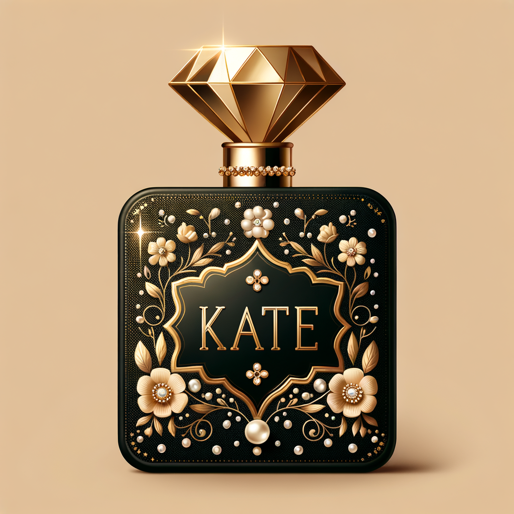 Design a fancy, black and gold bottle of perfume in the shape of a woman’s body. With a golden diamond top, flowers pearls and Diamonds in the name, Karen