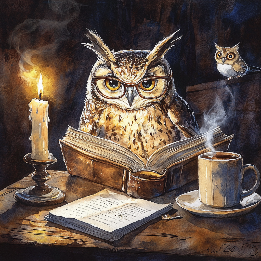 Owl with glasses is reading a book by the light of a candle with a stack of old antique books next to him on a table. A quil pen is in an ink pot on the table. a cup of coffee is next to him on the table as well as an owlet looking up at him. Watercolor with pencil outlines. Focus on the owls.