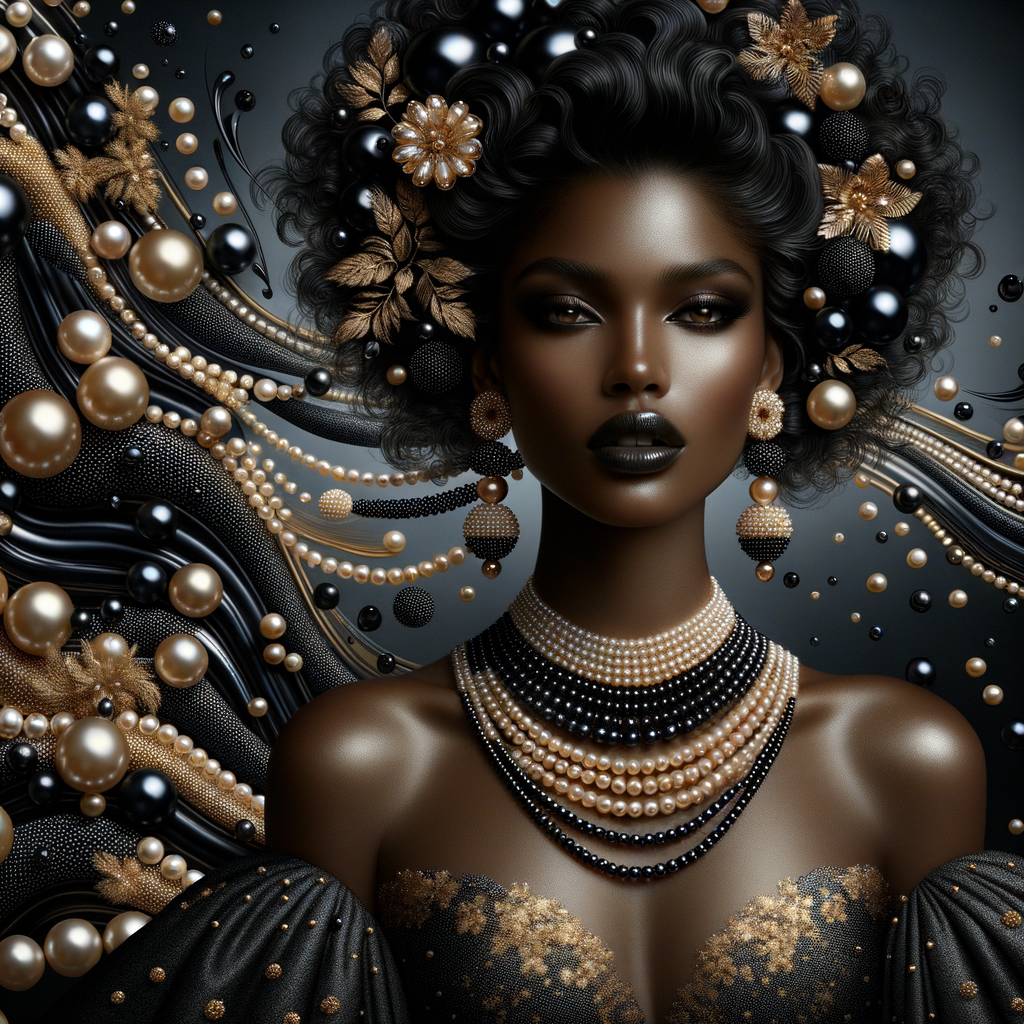 Imagine a digital portrait of a light skinned African-American Latino regal woman named KAREN Her attire and accessories are exclusively adorned with black and gold pearls. They grace her voluminous hair, styled in an elegant updo, where the black pearls form the roots and the gold pearls create the stunning curls. Her ears boast chandelier earrings, with black pearls clustered at the top, transitioning to gold pearls that dangle with delicate grace. Around her neck, a tiered necklace cascades with strands of alternating black and gold pearls, reflecting a sophisticated contrast.

Her shoulders are draped with a luxurious off-shoulder gown, the fabric's weave incorporating intricate patterns formed by black and gold pearls. The gown's texture has a subtle sheen, suggesting a high-quality material with a pearlescent finish. As a centerpiece, a grand brooch sits at her collar, with a large gold pearl surrounded by an elaborate design of smaller black pearls.

The background of the portrait features an abstract composition of floating pearls, swirling in a dance of shadows and light, emphasizing the color theme of black and gold. The name "KAREN" is discreetly integrated into the lower right corner of the artwork, blending seamlessly with the design, as if it were a signature part of the jewelry ensemble. The overall effect is one of timeless elegance, a blend of modern design and classic beauty, all tied together by the luxurious palette of black and gold.