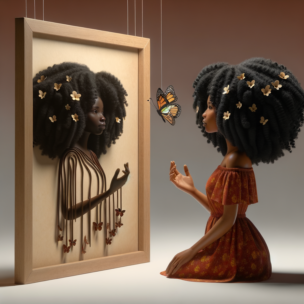 Create a 3-D realistic beautiful African-American  women with thick curly black hair
Looking at herself in the mirror, but the reflection she sees is a child, and she is no longer beautiful. She is ugly with scars. There is a fallen butterfly.