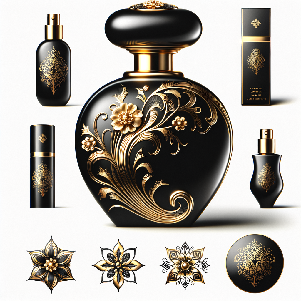 Design, a black and gold perfume bottle in the shape of a woman’s body with flowers and the name Karen