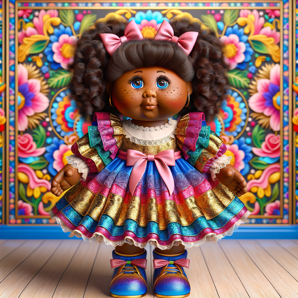 Design a 3-D realistic original African-American Cabbage Patch doll. She has on a blue pink and gold dress with matching booties. She has pink and blue bows in her hair. she lives inside of a colorful dollhouse. She has freckles and big dimples.