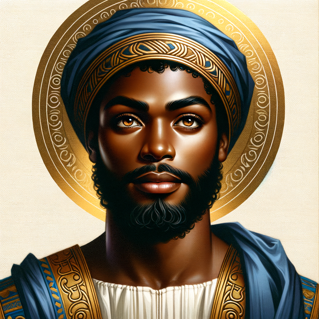 Create a African-American Christian Jesus, with brown eyes, wearing a blue and gold robe