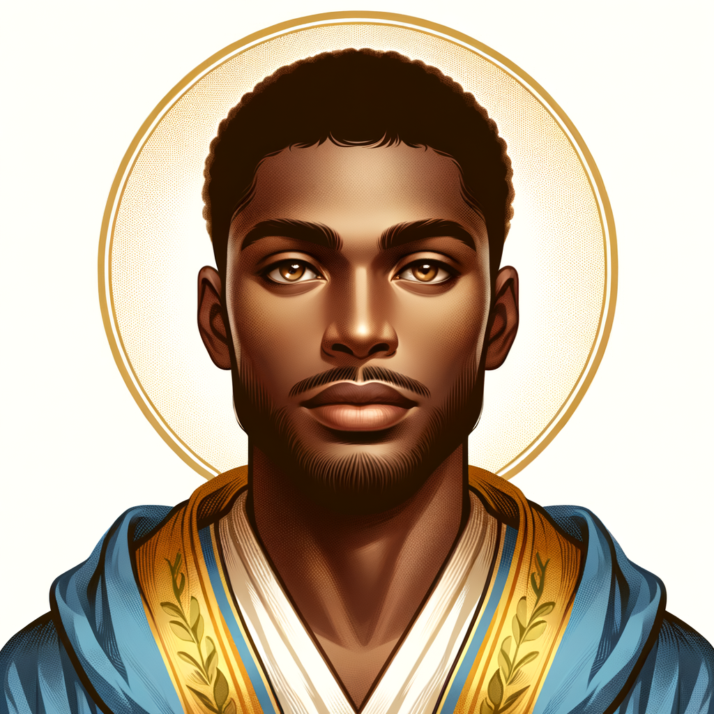 Create handsome African-American, Jesus, with Hazel Brown eyes wearing a blue and gold robe