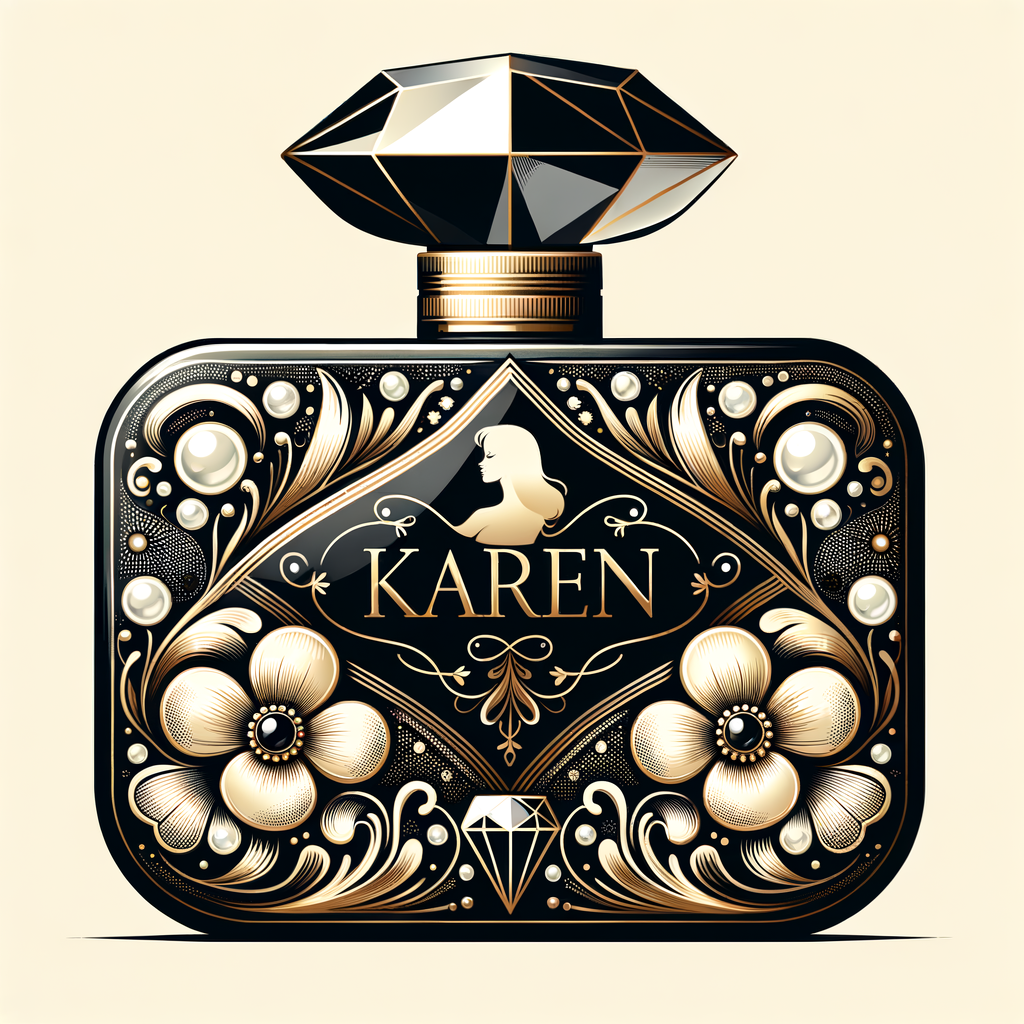 Design a fancy, black and gold bottle of perfume in the shape of a woman’s body. With a golden diamond top, flowers pearls and Diamonds in the name, Karen