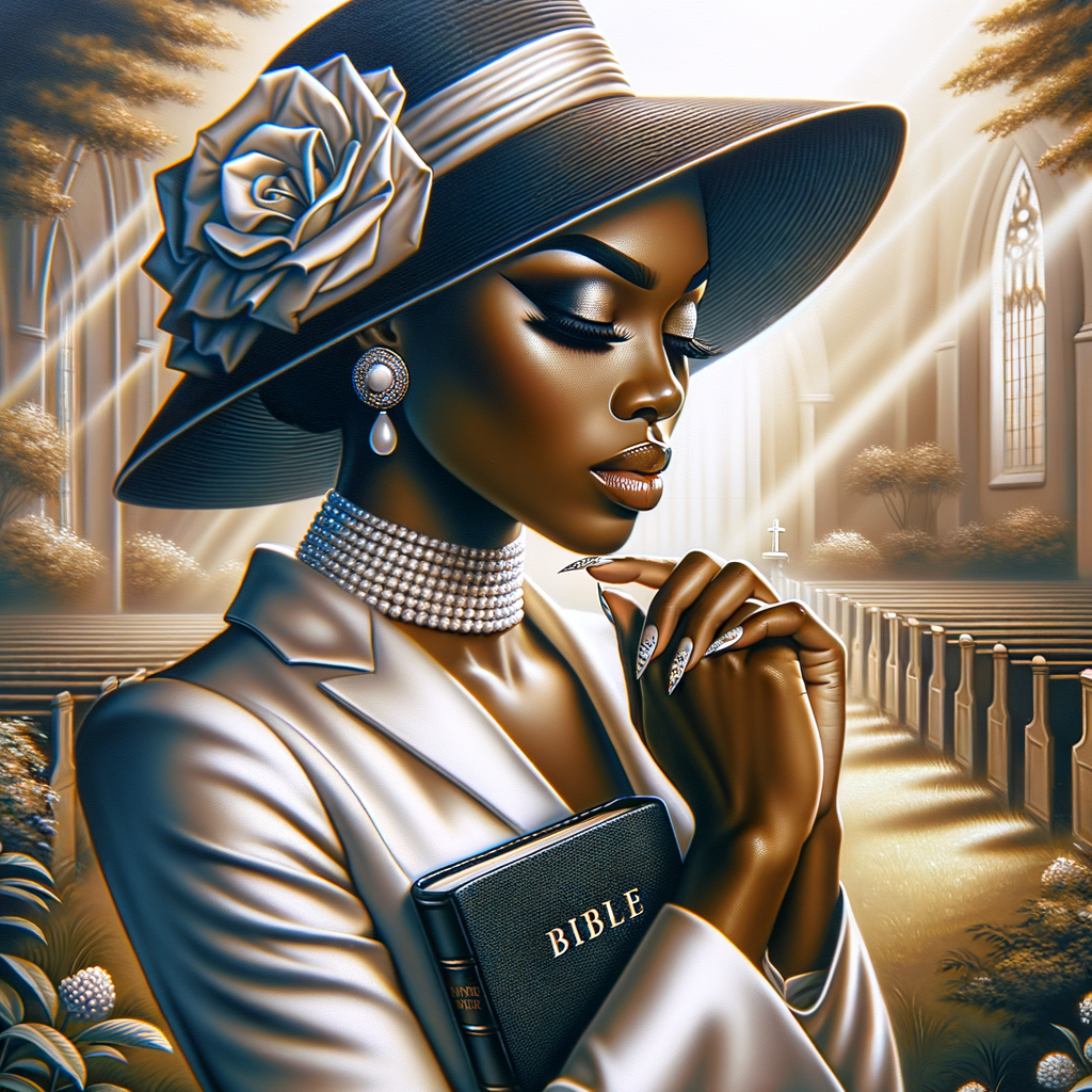 Render an airbrush oil painting of an African American woman with flawless makeup in a
contemplative pose, holding a Bible close to her heart, dressed in an elegant Sunday Best
outfit with a distinctive Church Hat. The background features a peaceful church garden,
with light filtering through the trees, highlighting her spiritual connection and the personal
moment of reflection. The artwork should capture the tranquility of the scene, the beauty
of her attire, and the depth of her contemplation, reflecting a serene and spiritually