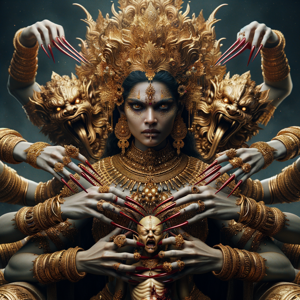 portrait of angry looking, four-armed indian goddess  sitting on a gold crown and carrying a weak mahishasur on her lap and poking his abdomen with her amazingly long red fingernails . She is wearing gold armor, a huge gold crown, gold saree, abundant  gold jewelry, covered in blood. The scene is set in ancient India. The image is 8K resolution, cinematic, photography, ultra detailed face and epic.