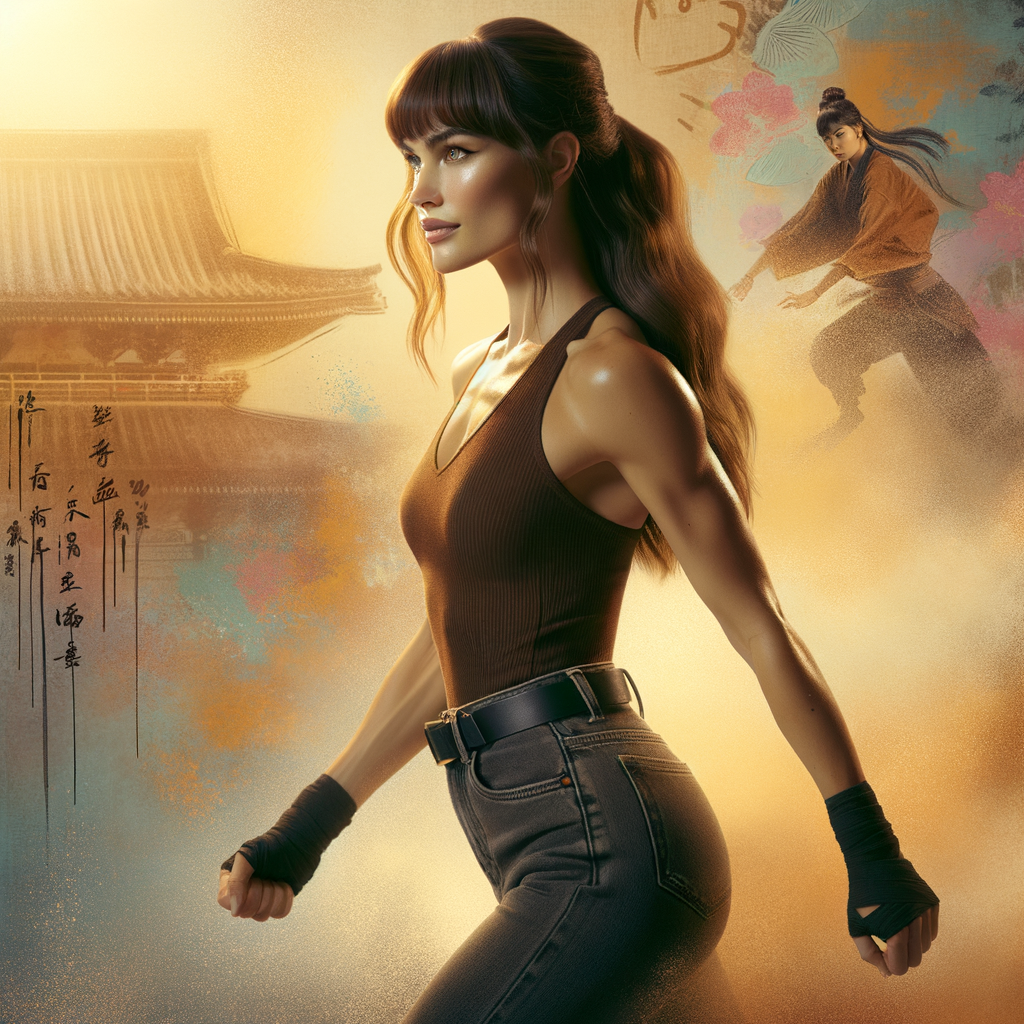 Athletic Thin skinny Attractive, Asian teenage girl, long brown hair and bangs, wearing tight skinny jeans and a halter top paint marks on her clothing, heroic pose Asian graffiti background, side view