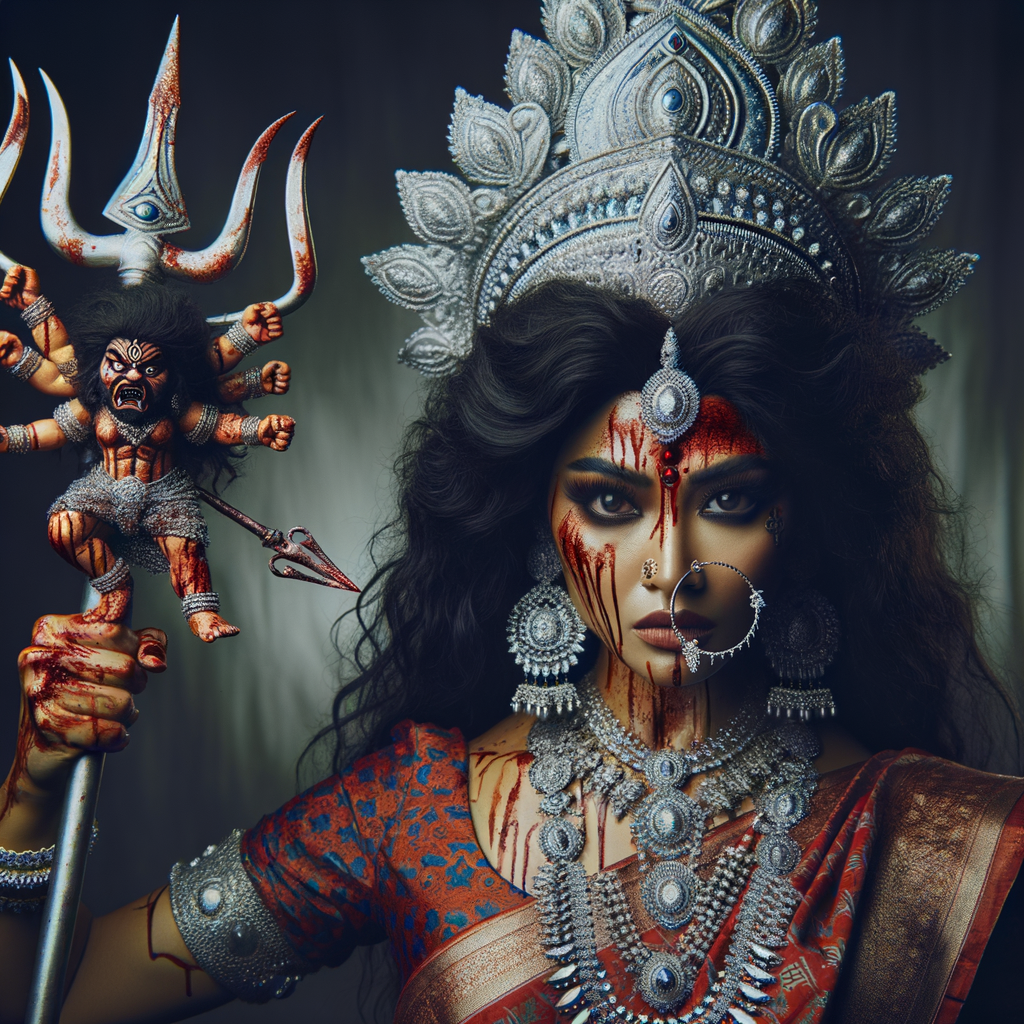 portrait of angry looking goddess durga cosplayer  carrying a mahishasur in her two arms and stabbing him with her amazingly designed trident. She is wearing a huge silver crown, red saree, abundant silver jewelry, covered in blood. The scene is set in ancient India. The image is 8K resolution, cinematic, ultra detailed face and epic.