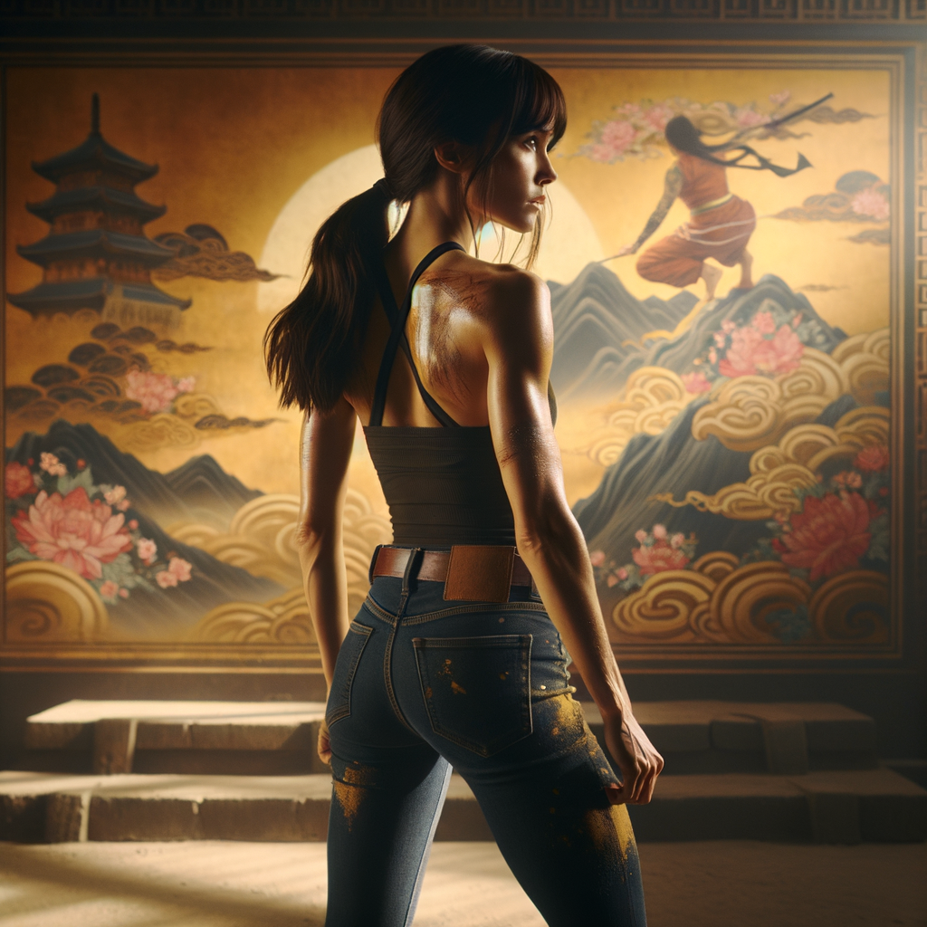 Athletic Thin skinny Attractive, Asian teenage girl, long brown hair and bangs, wearing tight skinny jeans and a halter top paint marks on her clothing, heroic pose Asian graffiti background, backside view