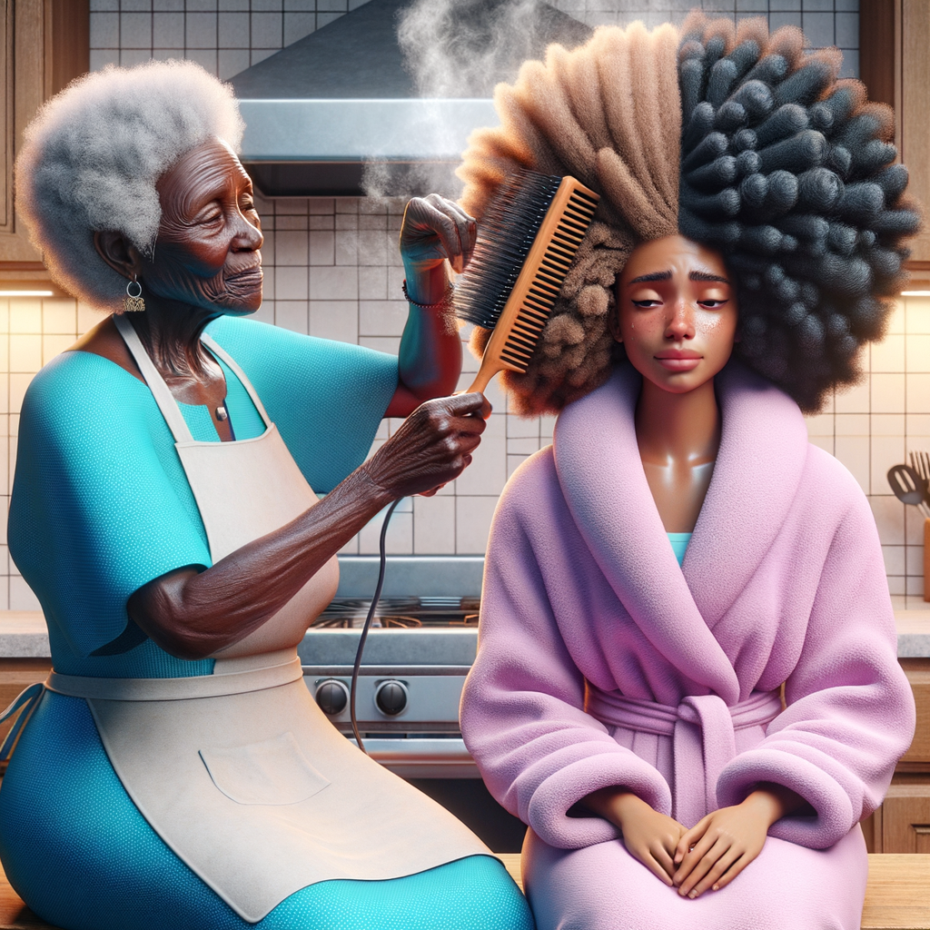 Create a realistic 3-D image of an african-American grandmother wearing a blue house dress and a white apron . She is in the kitchen with her african-American granddaughter. Her granddaughter is wearing a pink bath robe. The grandmother has a hot comb in her hand and she is straightening her granddaughters hair. One side of her granddaughters hair is in  a Afro the other straight 
There is smoke coming from the hot comb
The granddaughter is making a face