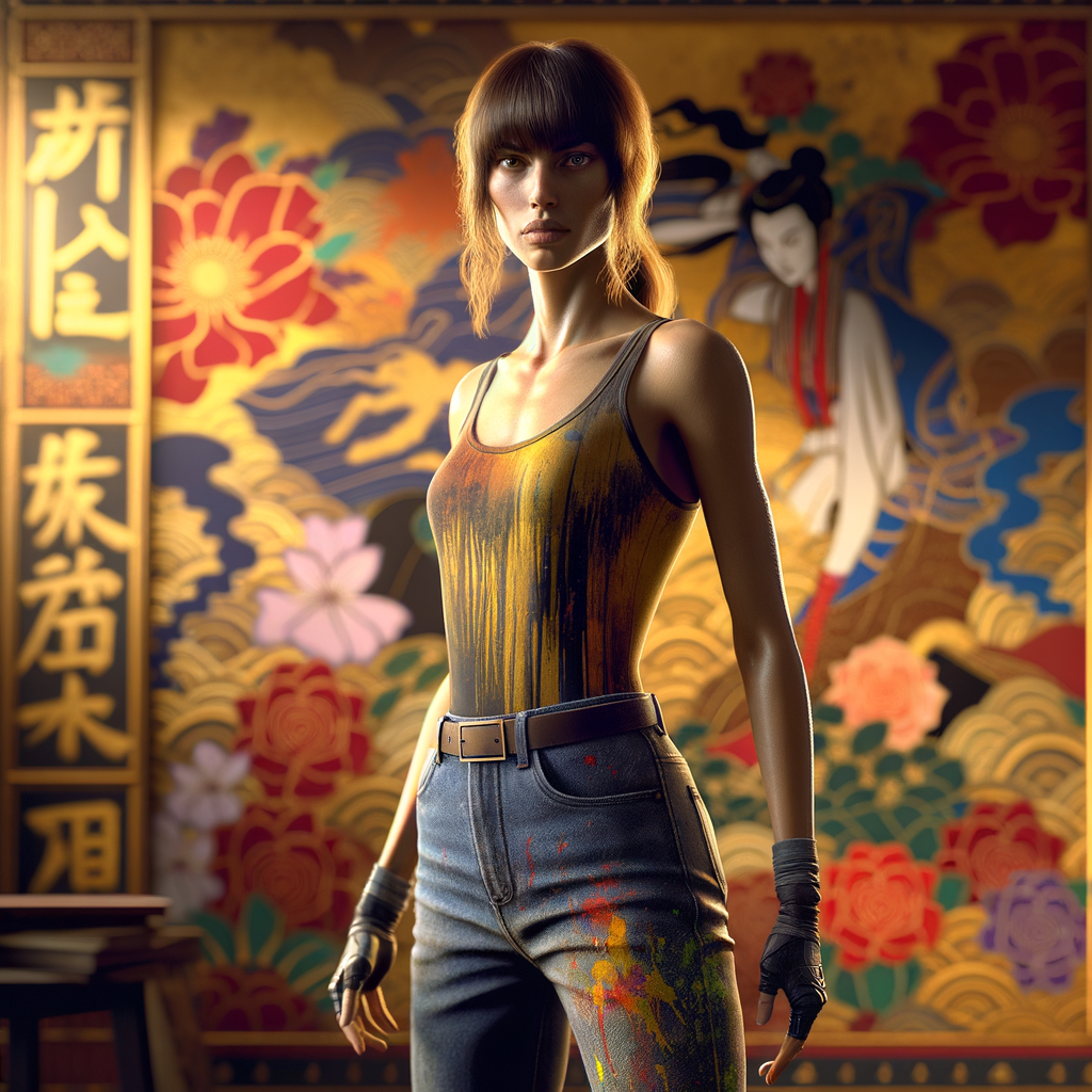 Athletic Thin skinny Attractive, Asian teenage girl, long brown hair and bangs, wearing tight skinny jeans and a halter top paint marks on her clothing, heroic pose Asian graffiti background, backside view