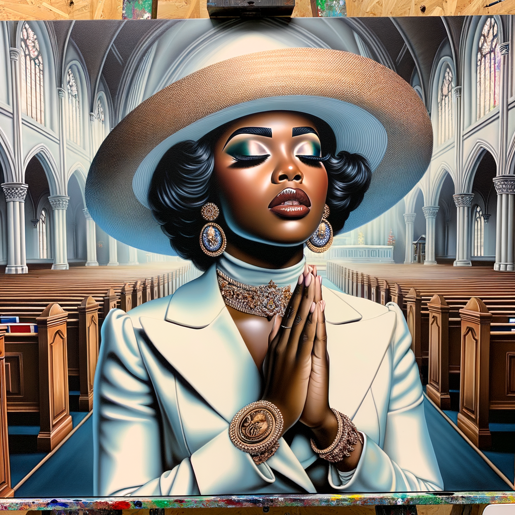 Render an airbrush oil painting of an African American woman with flawless makeup
kneeling at a church altar, her hands raised in a gesture of surrender to God. She's
dressed in stylish Sunday Best attire, with a particular focus on the delicate details of
her Church Hat. The background features a beautifully painted church interior, with the
oil paint texture enhancing the sacred atmosphere. The artwork should capture the
woman's devout expression, the elegance of her attire, and the spiritual ambiance of
the church setting, reflecting a moment of deep faith and devotion.