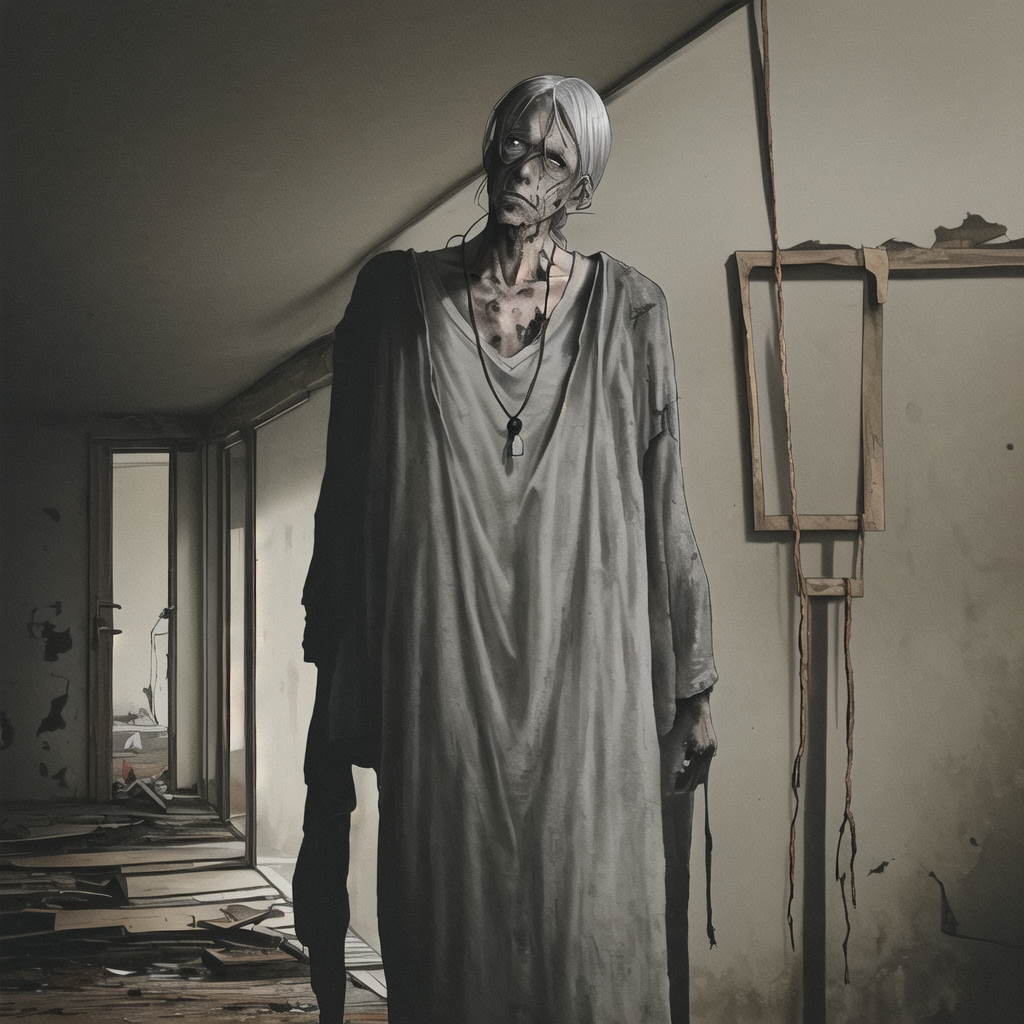 An eerie and desolate scene of an abandoned room, its walls adorned with peeling paint and dust-covered furniture. In the center of the room, a skinny elderly man is suspended from a sturdy wooden beam, his neck twisted at an unnatural angle as he hangs limply from a thick, frayed rope tied into a noose around his neck. His once-vibrant skin has taken on a pale, waxy appearance, and deep purple bruises mar his neck and face. His eyes are half-open, staring blankly into nothingness, and his long, gray hair cascades down around his shoulders like a shroud. He wears a once-elegant suit that is now torn and dirty, revealing his emaciated frame beneath. The room is dimly lit, casting eerie shadows across the man's lifeless form and the surrounding debris. A lone ray of sunlight streams through a crack in the boarded-up window, barely illuminating the grisly scene before it disappears back into darkness. The air is thick with an unsettling stillness, as if even the dust motes hesitate to stir in this haunted space.