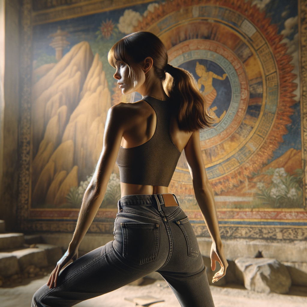 Athletic Thin skinny Attractive, Asian teenage girl, long brown hair and bangs, wearing tight skinny jeans and a halter top paint marks on her clothing, heroic pose Asian graffiti background,  backside view