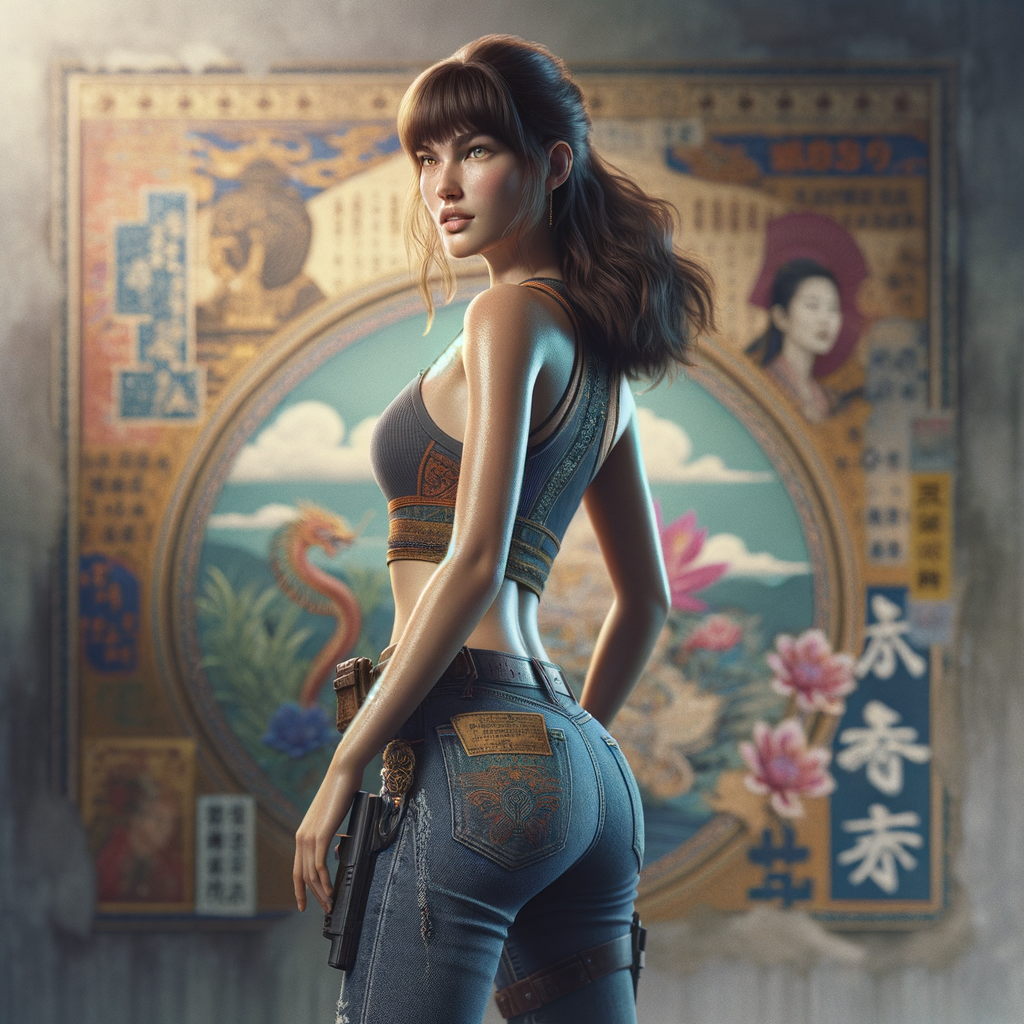 Athletic Thin skinny Attractive, Asian teenage girl, long brown hair and bangs, wearing tight skinny jeans and a halter top paint marks on her clothing, heroic pose Asian graffiti background, backside view