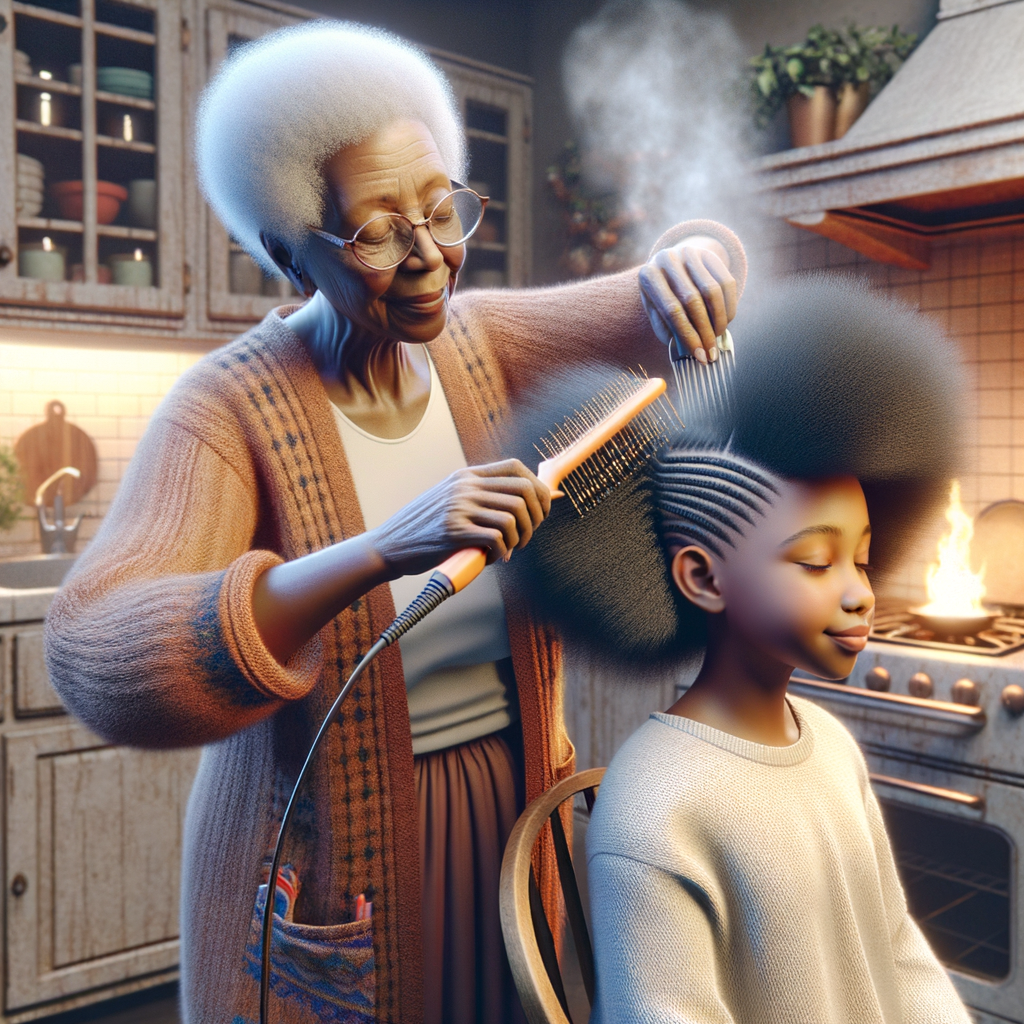 Create a realistic 3-D image of an african-American grandmother in the kitchen with her african-American granddaughter. The grandmother has a hot comb in her hair and she is straightening her granddaughters hair. One side of her granddaughters hair is in  a Afro the other is bone straight 
There is smoke coming from the hot comb