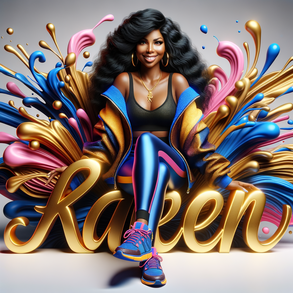 3D writing name "KAREN" bold glossy gold. There is a beautiful African-American latino woman, smiling with long black, wavy hair,, blue and gold trendy jacket and outfits in blue, pink, and gold tones, sport shoes, sitting under the name. Her outfits are glossy. dynamic color explosion background, of pink, blue, gold colors, splashed on white wall