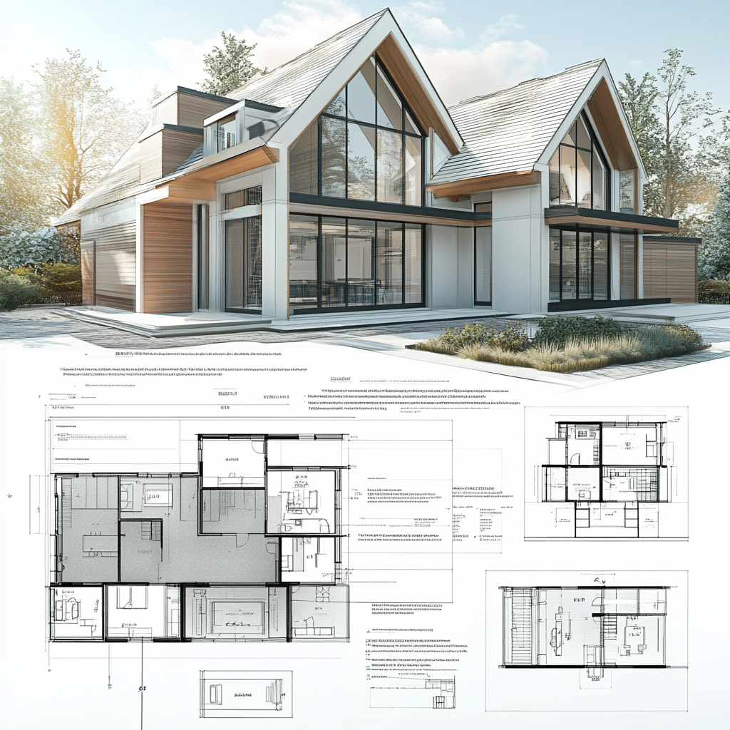 A detailed specification sheet for a 3D house with callouts and dimensions, highly technical