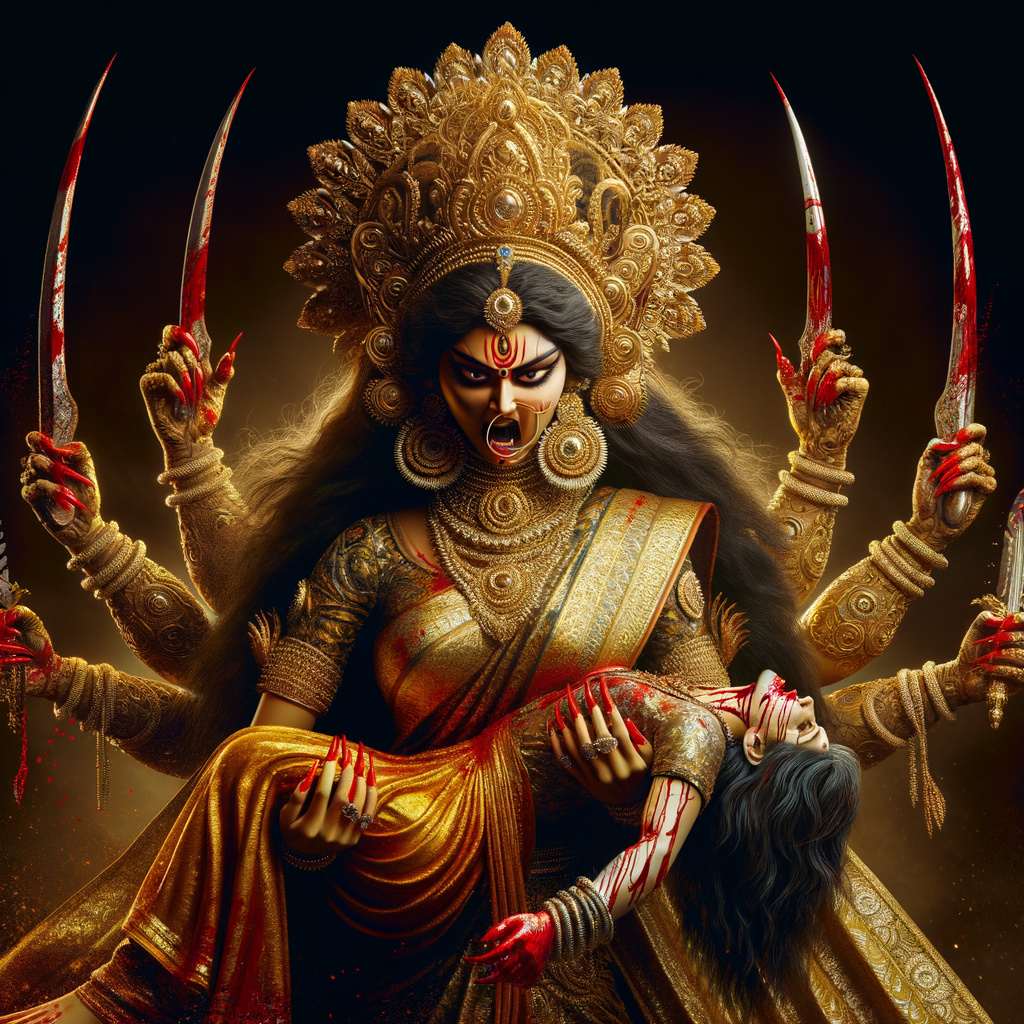 portrait of angry looking goddess durga  carrying a weak mahishasur in her two arms and stabbing him with her amazingly long red fingernails. She is wearing gold armor, a huge gold crown, gold saree, abundant  gold jewelry, covered in blood. The scene is set in ancient India. The image is 8K resolution, cinematic, ultra detailed face and epic.