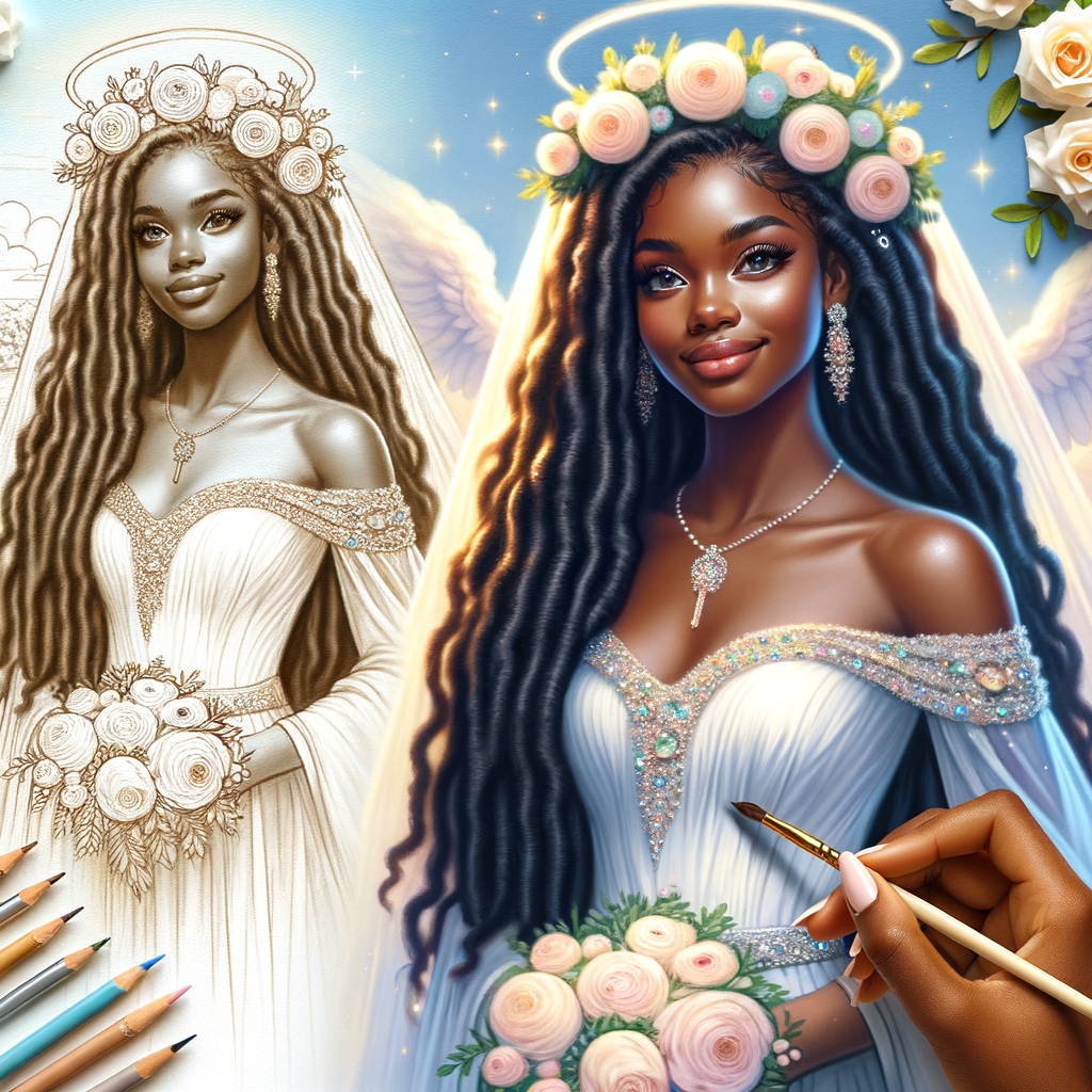 Create a 3-D realistic oil, painting of a beautiful African-American bride. She has long flooring, wavy hair and her gown has beautiful jewels around the neckline. in the background there is a beautiful African-American Jesus Christ with long dreadlocks, and he is smiling. He is very handsome pastel flowers throughout the image.