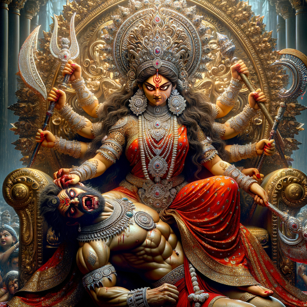 portrait of angry looking goddess durga, sitting on a gold crown and carrying a weak mahishasur on her lap. She is wearing diamond armor, a huge diamond crown, red saree, abundant diamond jewelry, covered in blood. The scene is set in ancient India. The image is 8K resolution, cinematic, ultra detailed face and epic.