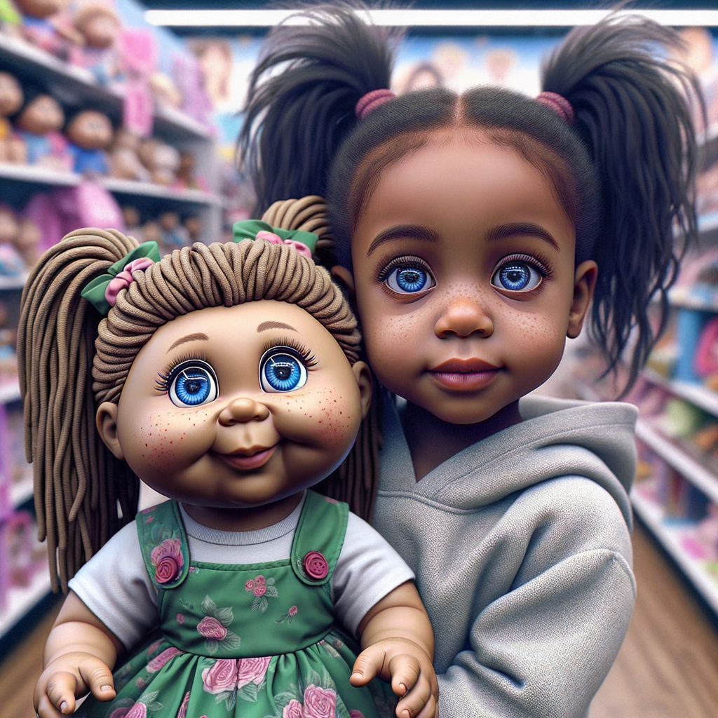 Create a 3-D realistic African-American little girl with huge blue eyes and long ponytails She is playing in her Favorite toy store with her favorite cabbage patch doll the cabbage patch now resembles her. It has very deep, dimples and Freckles