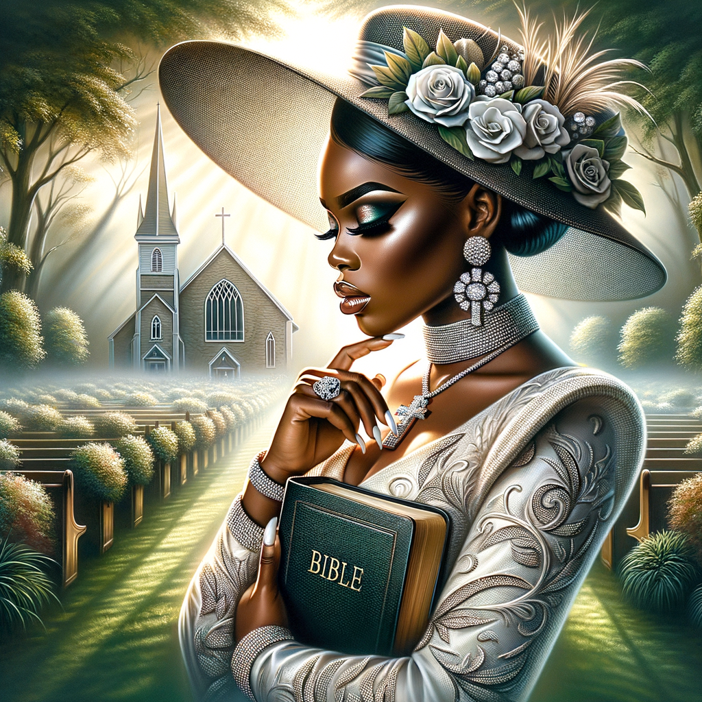 Render an airbrush oil painting of an African American woman with flawless makeup in a
contemplative pose, holding a Bible close to her heart, dressed in an elegant Sunday Best
outfit with a distinctive Church Hat. The background features a peaceful church garden,
with light filtering through the trees, highlighting her spiritual connection and the personal
moment of reflection. The artwork should capture the tranquility of the scene, the beauty
of her attire, and the depth of her contemplation, reflecting a serene and spiritually